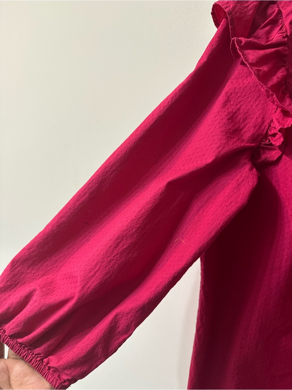 LOFT Pink Cotton Ruffle Blouse L Open Back Black Bow Tie Fuchsia Textured Top - Picture 4 of 11